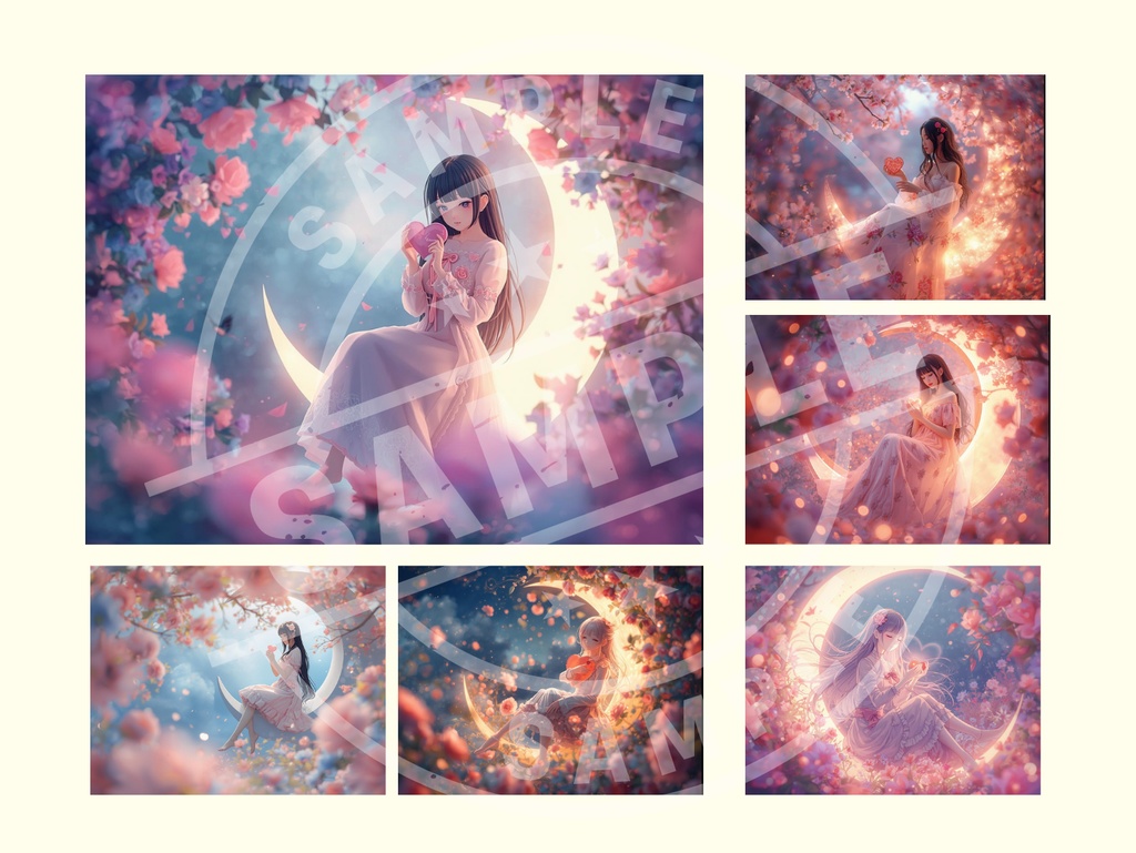 三日月に座るハートを持つ美少女 24種類イラスト ー商用利用OKー