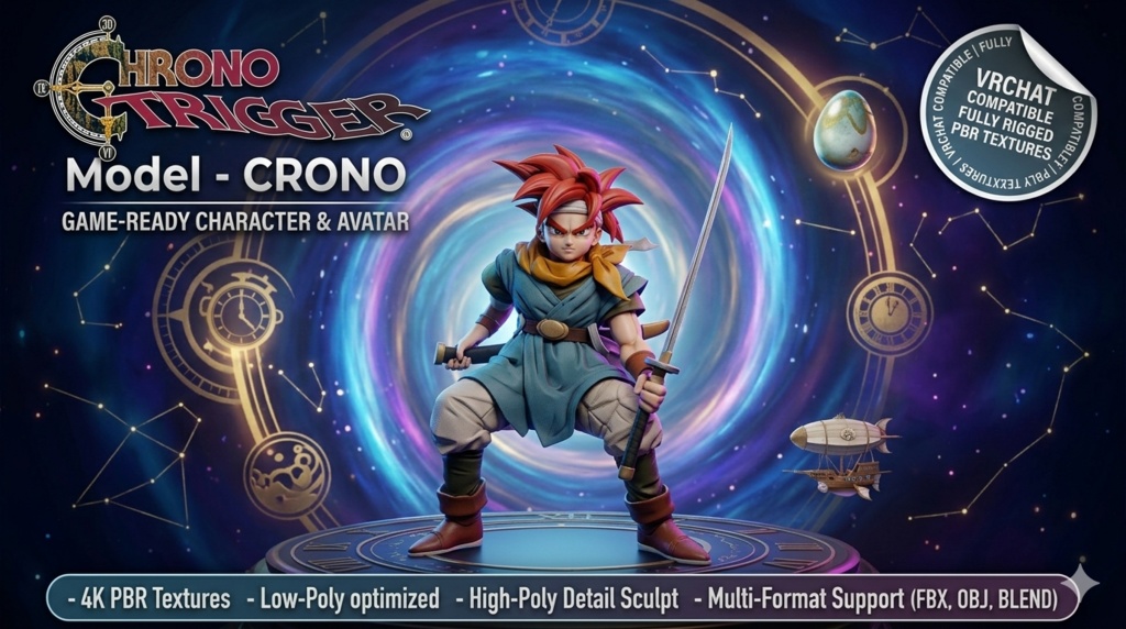 クロノトリガー　クロノ　Crono Character 3D Model | Chrono Trigger Inspired | Battle Pose with Sword | FBX