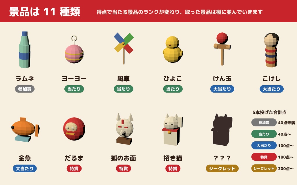 【VRC】みんなで遊べる!縁日わなげ屋台ギミック 景品11種コレクション【全員同期・Blenderデータ付】