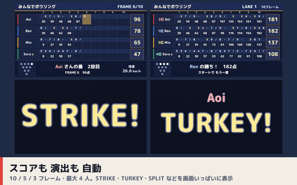【VRC】みんなでボウリング 実寸レーン・10本ピン物理・自動ピンセッター 最大4人【ストライク演出・全員同期・Blenderデータ付】