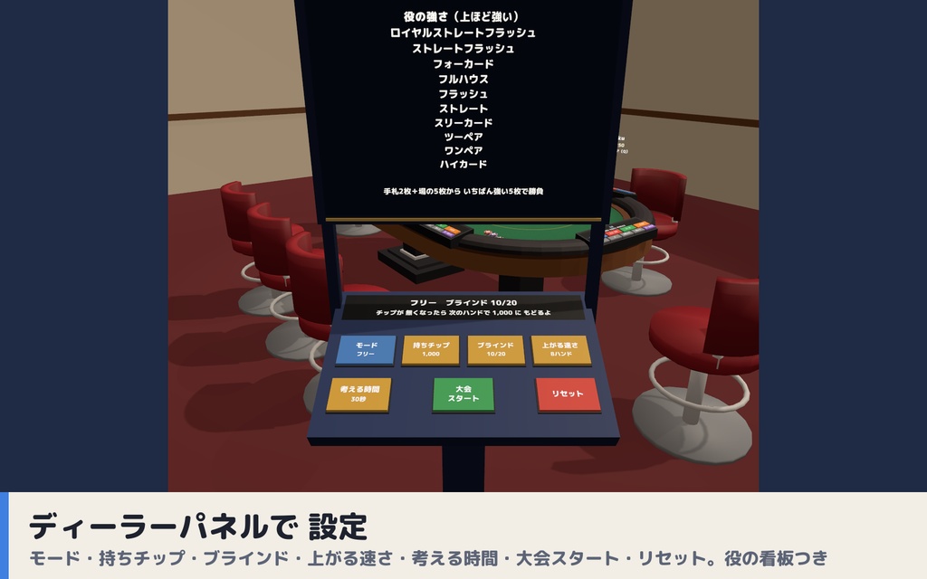 【VRC】みんなでポーカー テキサス・ホールデム 最大8人【手札は自分だけ・大会モード・全員同期・Blenderデータ付】