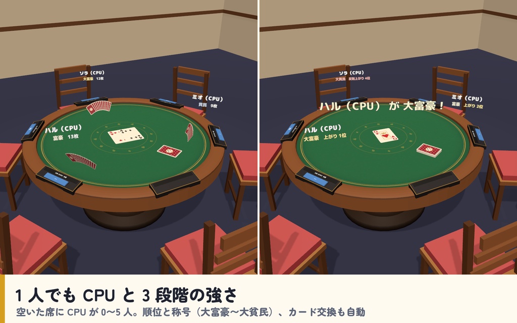 【発売記念セール〜10/21】【VRC】みんなでトランプ 大富豪・七並べ・ババ抜き・神経衰弱 6人【CPU対戦3段階・ローカルルール・全員同期・日英対応・Blenderデータ付】