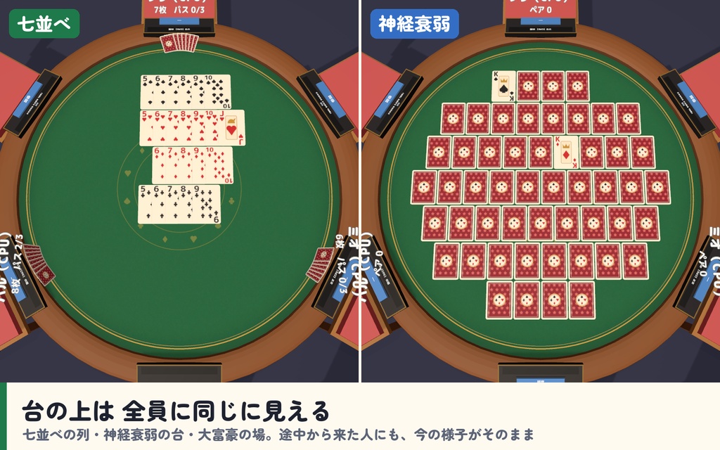 【発売記念セール〜10/21】【VRC】みんなでトランプ 大富豪・七並べ・ババ抜き・神経衰弱 6人【CPU対戦3段階・ローカルルール・全員同期・日英対応・Blenderデータ付】