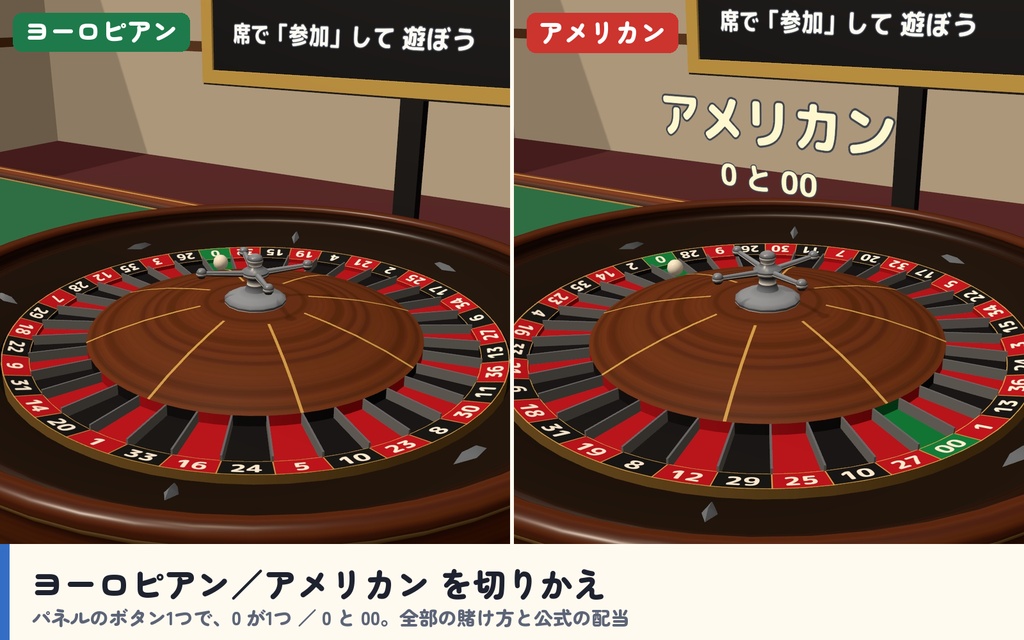 【発売記念セール〜10/26】【VRC】みんなでルーレット ヨーロピアン・アメリカン 6人【CPUのお客3段階・大会モード・全員同期・日英対応・Blenderデータ付】