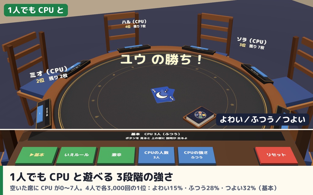 【発売記念セール〜10/29】【VRC】みんなでカラーカード 色と数字を合わせて出し切るカードゲーム 8人【CPU対戦3段階・ハウスルール・全員同期・日英対応・Blenderデータ付】