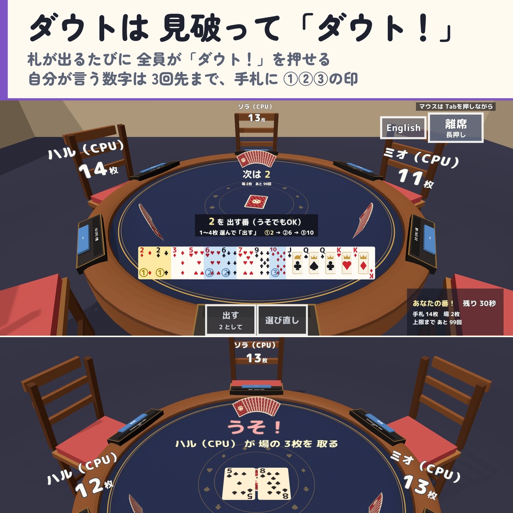 【発売記念セール〜10/29】【VRC】みんなでトランプ2 スピード・ダウト・セブンブリッジ・ハーツ 6人【CPU対戦3段階・ローカルルール・全員同期・日英対応・Blenderデータ付】