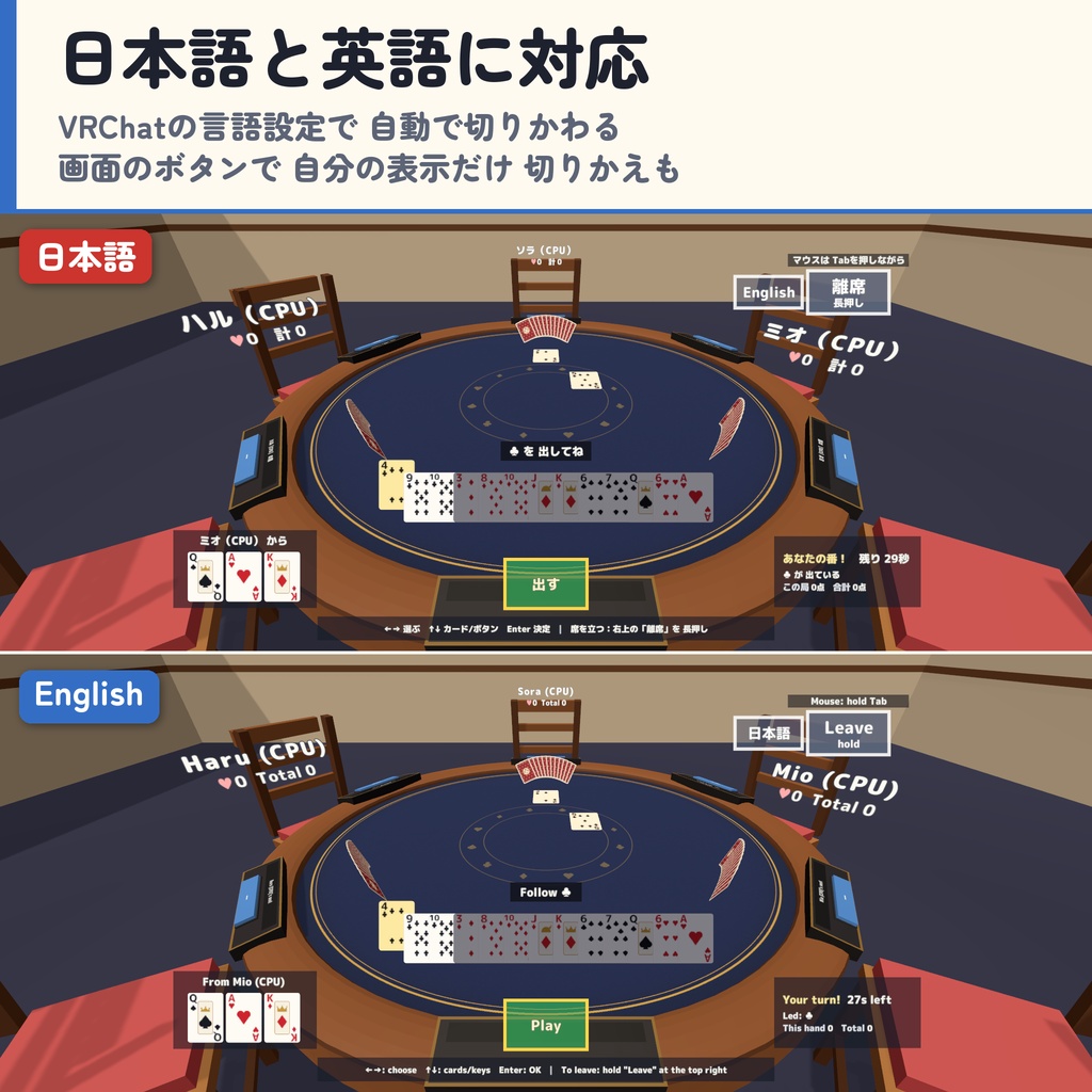 【発売記念セール〜10/29】【VRC】みんなでトランプ2 スピード・ダウト・セブンブリッジ・ハーツ 6人【CPU対戦3段階・ローカルルール・全員同期・日英対応・Blenderデータ付】