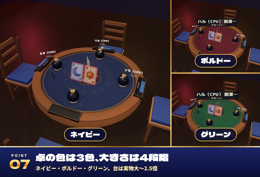 【発売記念セール〜11/1】【VRC】みんなでブラフ卓 うそを見抜くカードゲーム 罰ゲームつき 4人【CPU対戦3段階・全員同期・爆弾/ビリビリ・日英対応・Blenderデータ付】