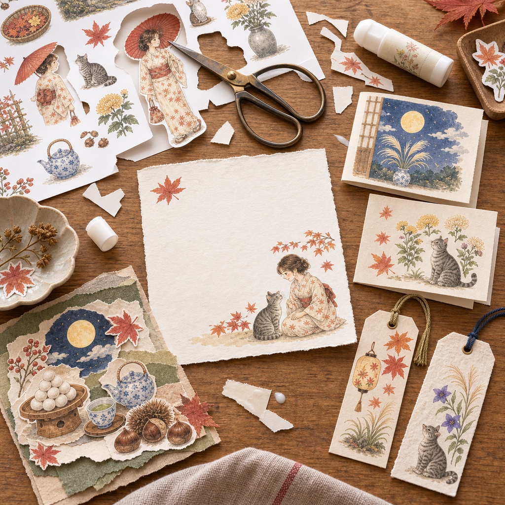 日本の秋|やさしい絵本風 水彩コラージュ素材|A4素材シート5枚・約75点
