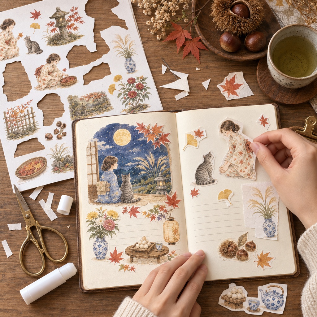 日本の秋|やさしい絵本風 水彩コラージュ素材|A4素材シート5枚・約75点