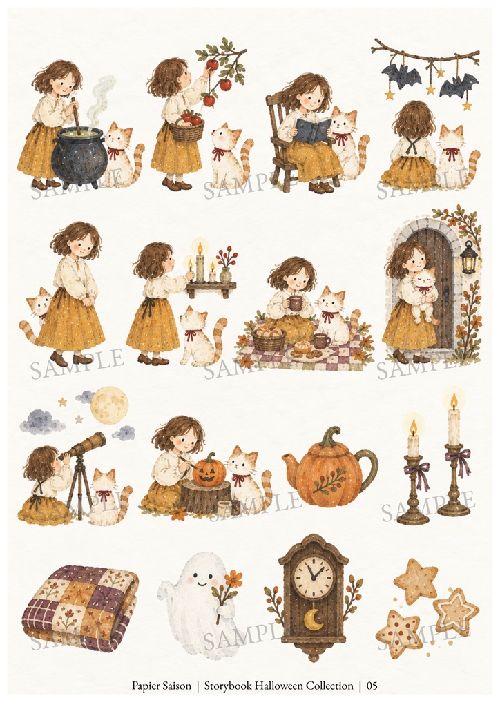 ねこと私のやさしいハロウィン|A4コラージュ素材5枚セット・素朴な絵本風水彩
