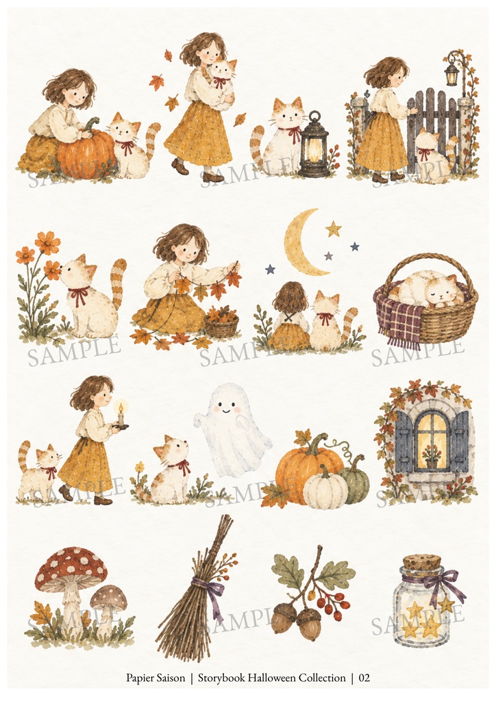 ねこと私のやさしいハロウィン|A4コラージュ素材5枚セット・素朴な絵本風水彩