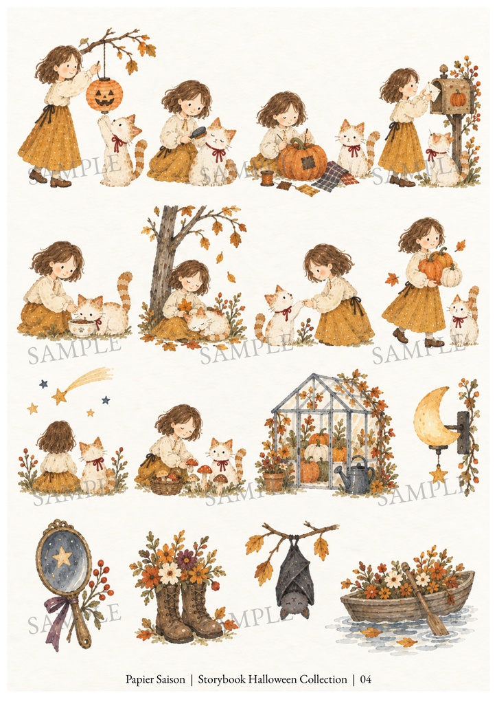 ねこと私のやさしいハロウィン|A4コラージュ素材5枚セット・素朴な絵本風水彩