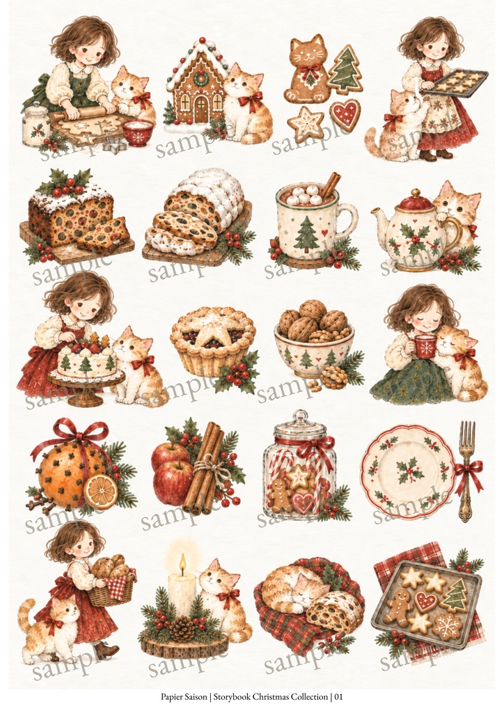 ねこと私のやさしいクリスマス|A4コラージュ素材5枚セット・素朴な絵本風水彩