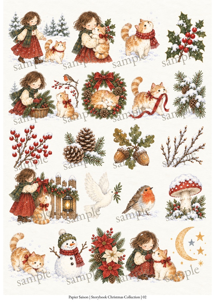 ねこと私のやさしいクリスマス|A4コラージュ素材5枚セット・素朴な絵本風水彩