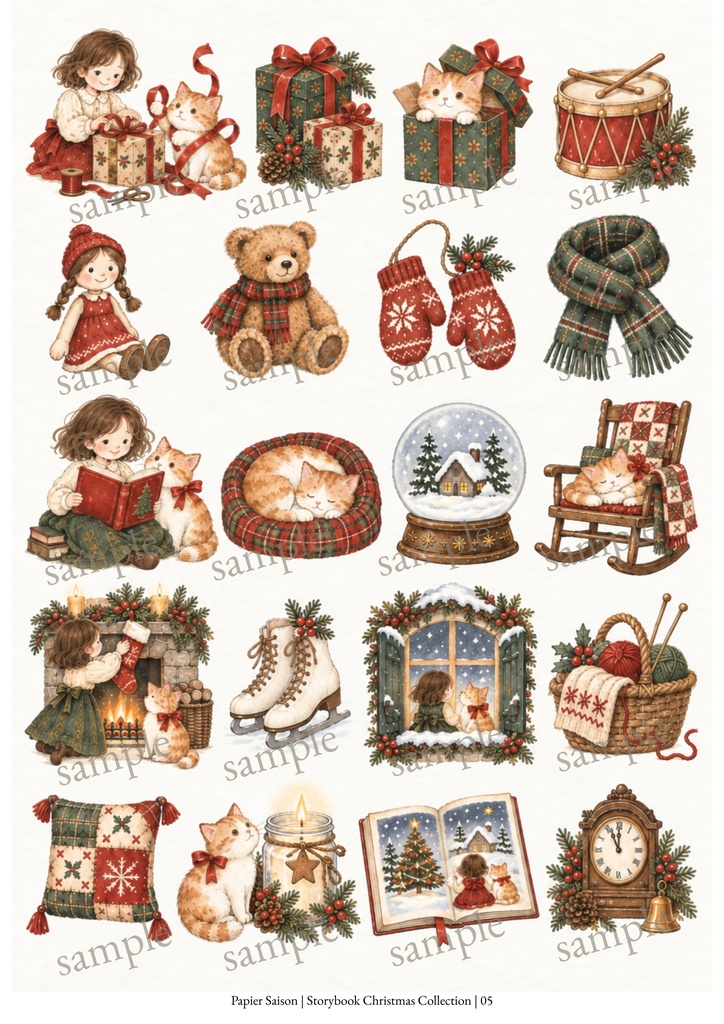 ねこと私のやさしいクリスマス|A4コラージュ素材5枚セット・素朴な絵本風水彩