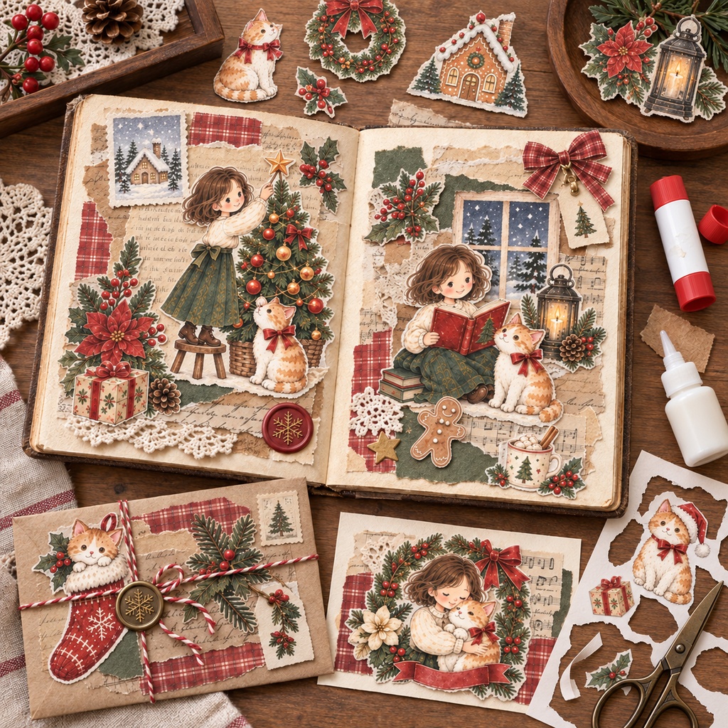 ねこと私のやさしいクリスマス|A4コラージュ素材5枚セット・素朴な絵本風水彩