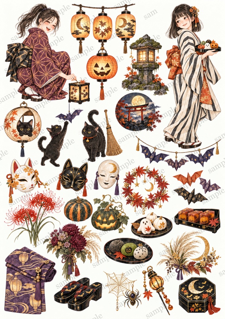 日本×ハロウィン|A4コラージュ素材5枚セット・和モダン水彩・着物の女の子と猫