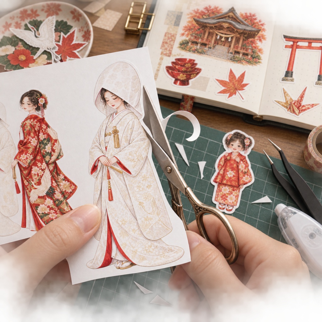 和の祝いごと|A4コラージュ素材7枚セット・水彩・七五三 和婚 秋の実り