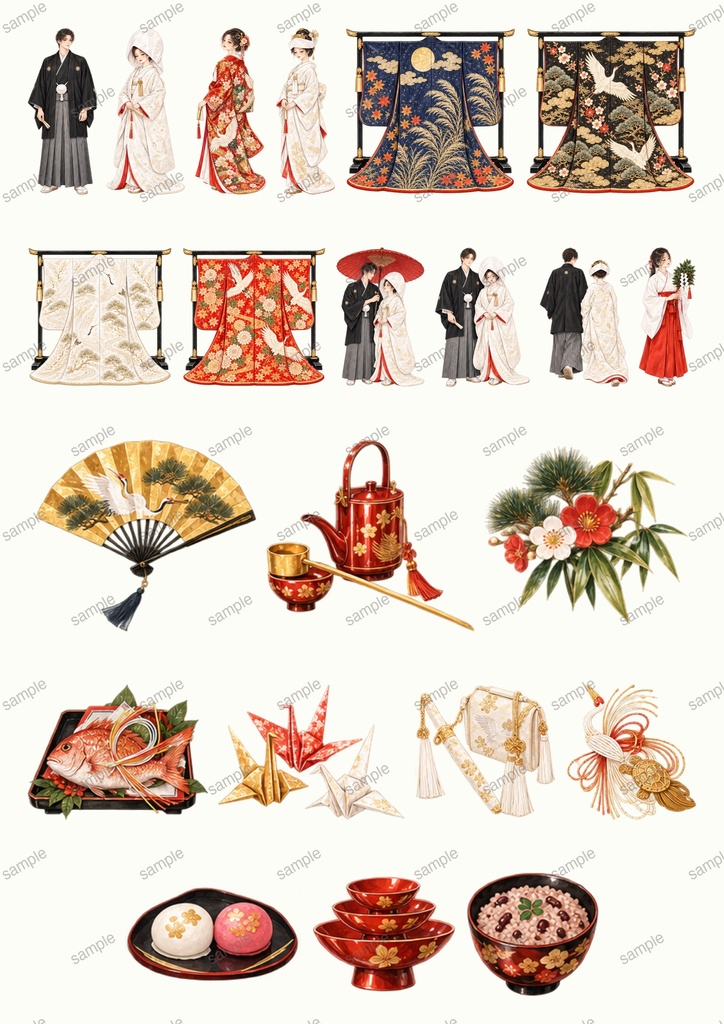 和の祝いごと|A4コラージュ素材7枚セット・水彩・七五三 和婚 秋の実り