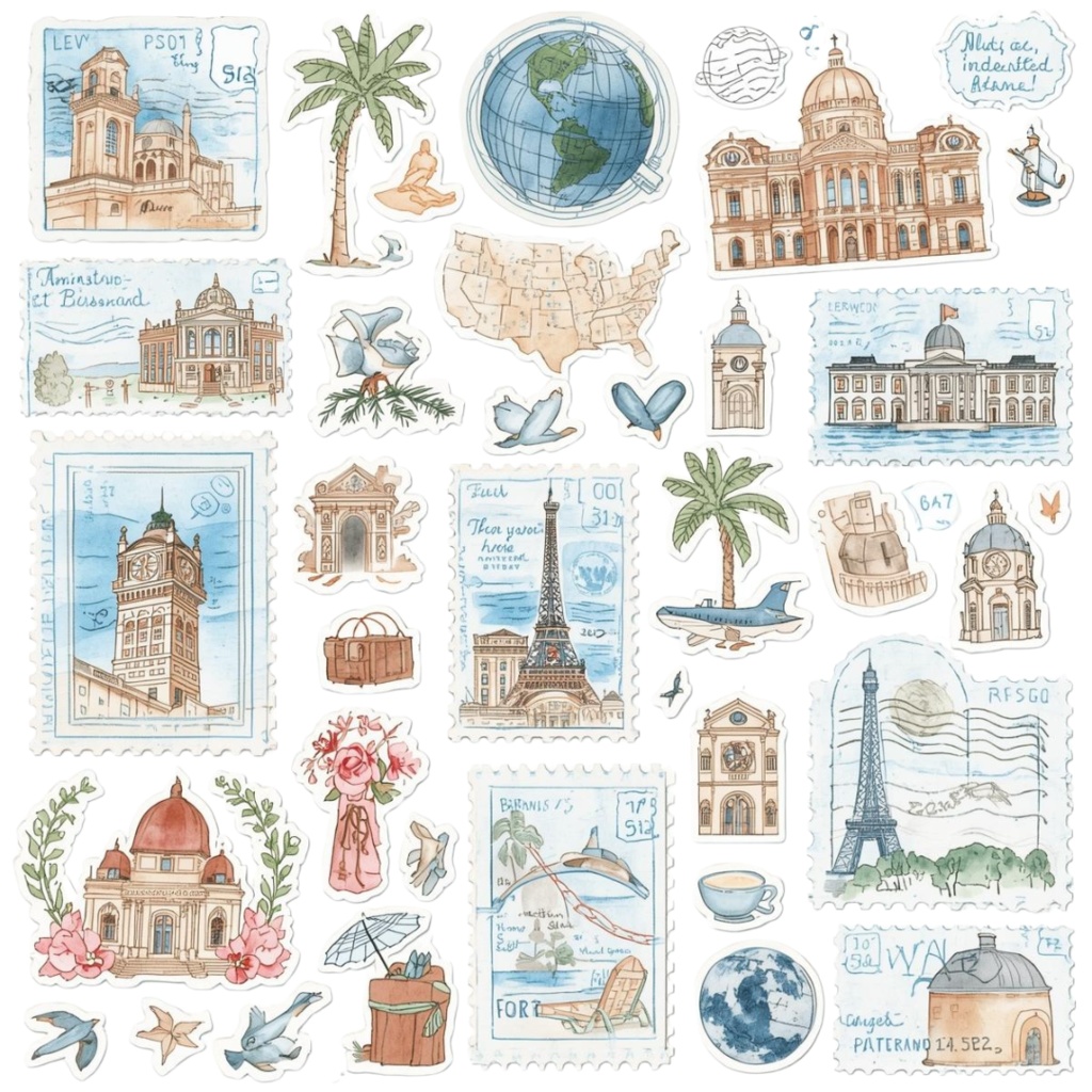 夢かわいい水彩旅行アイコン・ヴィンテージ調クリップアート10点セット:PNG
