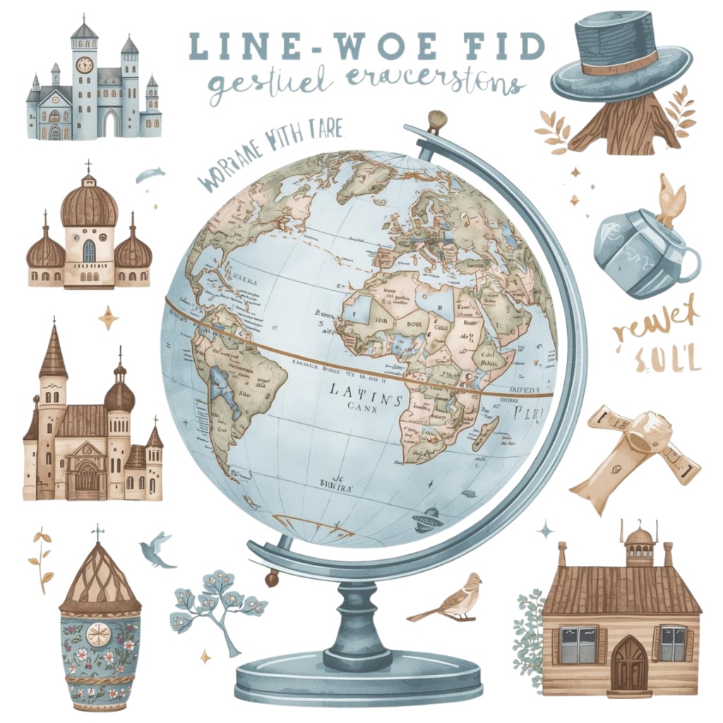 夢かわいい水彩旅行アイコン・ヴィンテージ調クリップアート10点セット:PNG