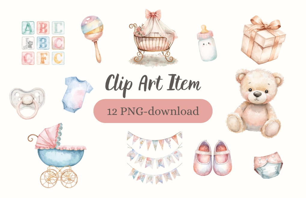 水彩ベビーシャワー クリップアートセット – パステルで可愛い手描き風イラスト（12 PNG）Watercolor Baby Shower Clipart Bundle – Cute Pastel Hand-Painted Set (12 PNG)