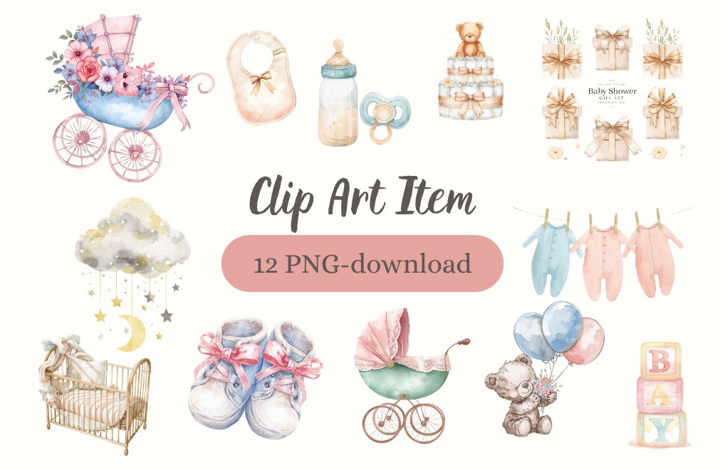 ベビーシャワー 水彩クリップアートセット – 12種類 PNGイラスト｜かわいい手描き風パステルデザイン　Baby Shower Watercolor Clipart Bundle – 12 PNG Illustrations | Cute Hand-Painted Pastel Baby Shower Decor”