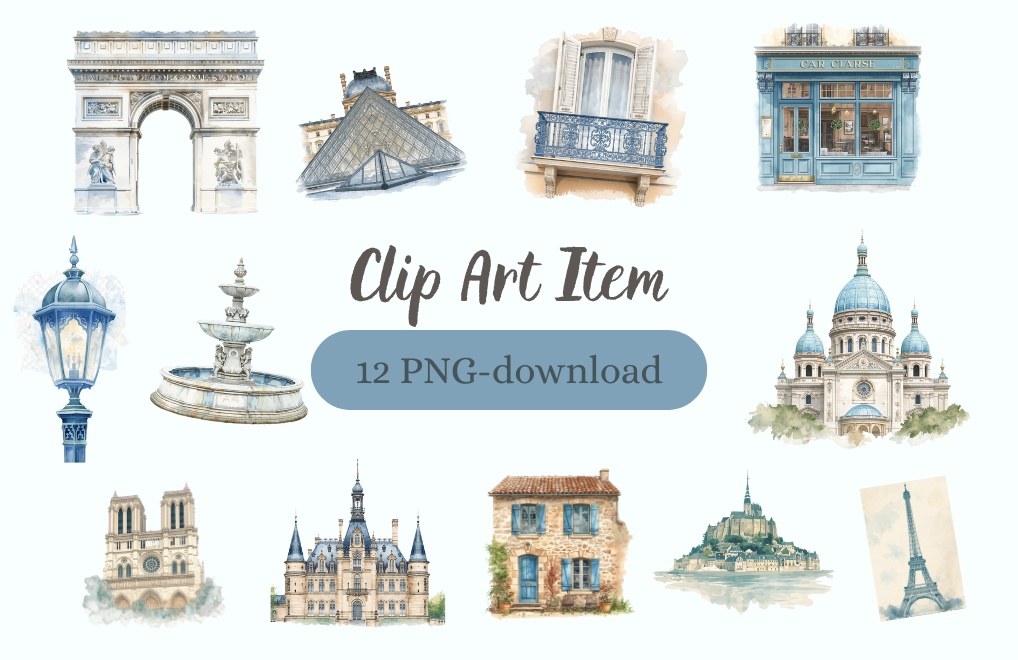 clipart　水彩画 × 水色 × アンティーク × フランス建築物　12種類