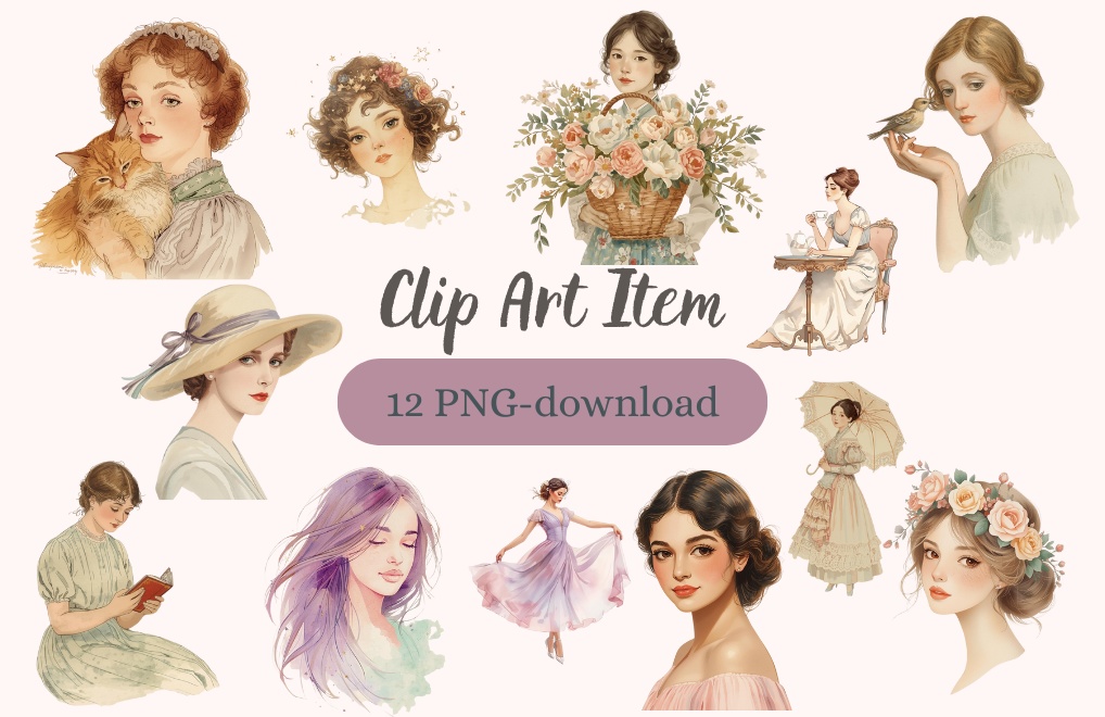 clipart　「水彩画」「アンティーク調」「可愛い女性のクリップアート」12種類　PNG