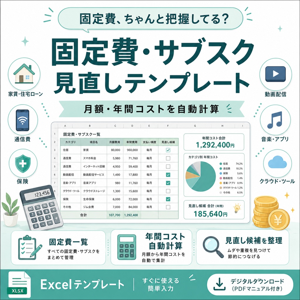 固定費・サブスク見直しテンプレート｜月額・年間コストを自動計算