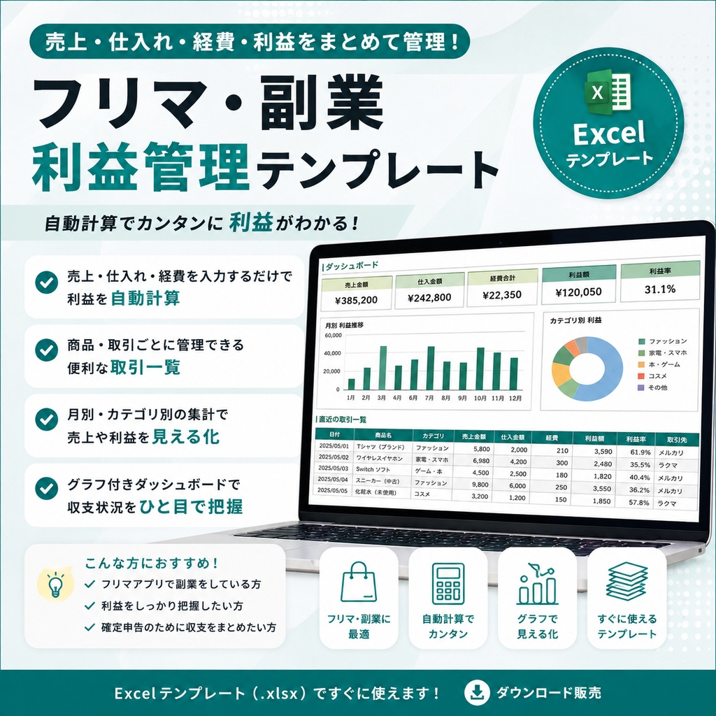 フリマ・副業 利益管理テンプレート|売上・送料・手数料から利益を自動計算
