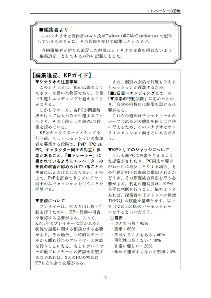 クトゥルフ神話TRPG「エレベーターの恐怖」