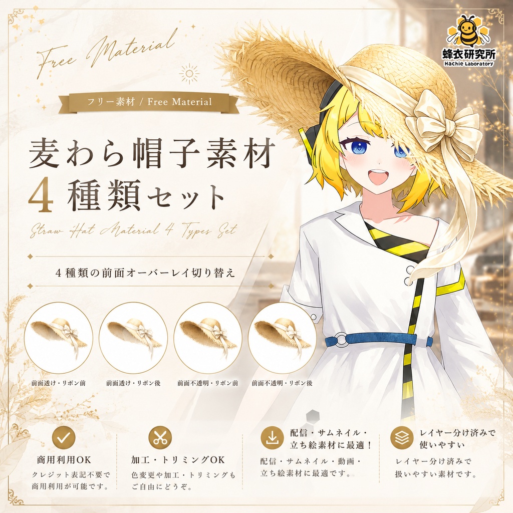 【配置済みPSD同梱】自然に被れる！麦わら帽子素材 4種類セット【VTuber/IRIAM/サムネ用】