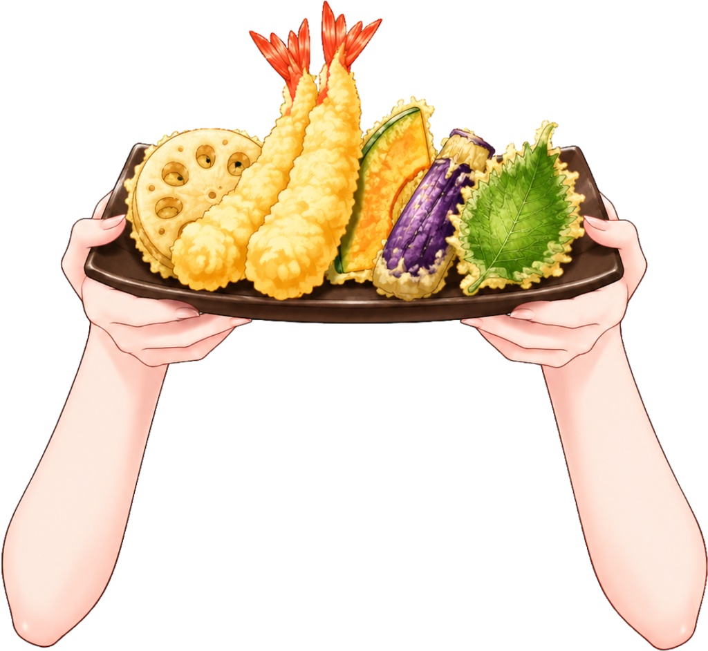 天ぷら盛り合わせを差し出す手&天ぷらぬい素材セット【VTuber・配信素材/透過PNG】