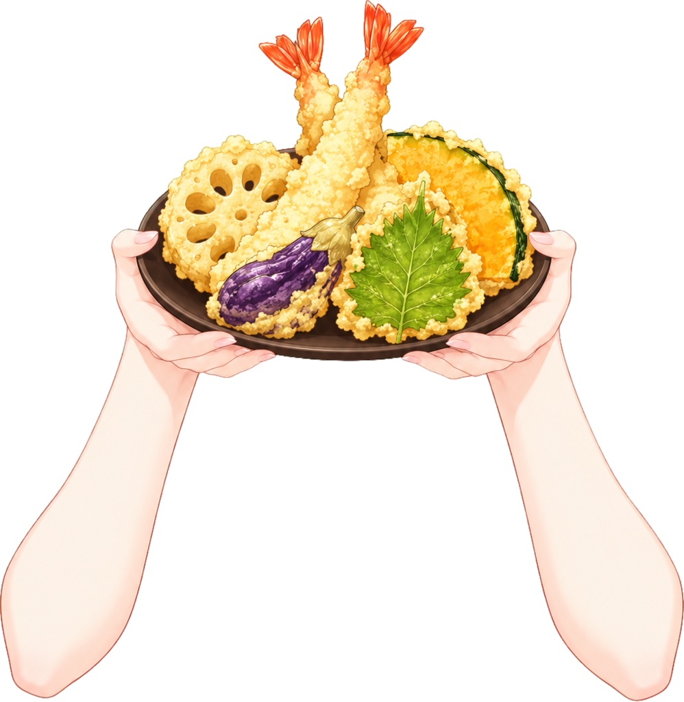 天ぷら盛り合わせを差し出す手&天ぷらぬい素材セット【VTuber・配信素材/透過PNG】