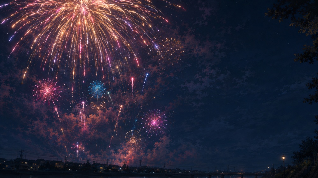 【無料・フリー素材】夏祭りの花火背景 4種|夜空・湖畔・街並み【VTuber・配信・サムネ用】