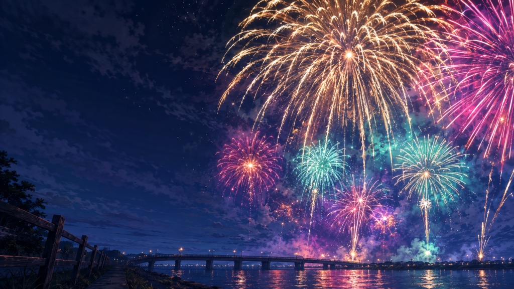 【無料・フリー素材】夏祭りの花火背景 4種|夜空・湖畔・街並み【VTuber・配信・サムネ用】