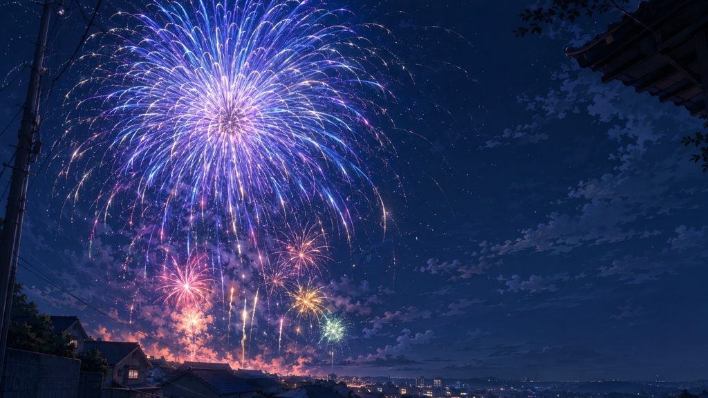 【無料・フリー素材】夏祭りの花火背景 4種|夜空・湖畔・街並み【VTuber・配信・サムネ用】