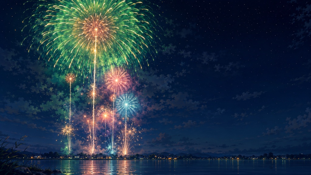 【無料・フリー素材】夏祭りの花火背景 4種|夜空・湖畔・街並み【VTuber・配信・サムネ用】