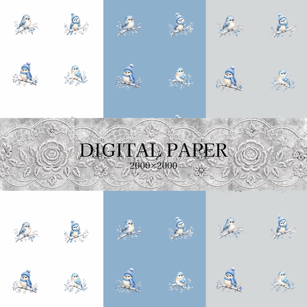 【デジタルペーパー】冬の森/鳥/くすみカラー素材 3枚|商用利用可・高解像度PNG