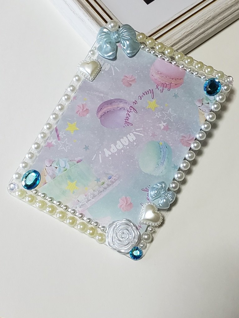 ハンドメイド デコケース B8 水色×白系