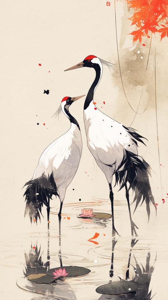 水鏡の鶴 – Cranes upon the Water Mirror