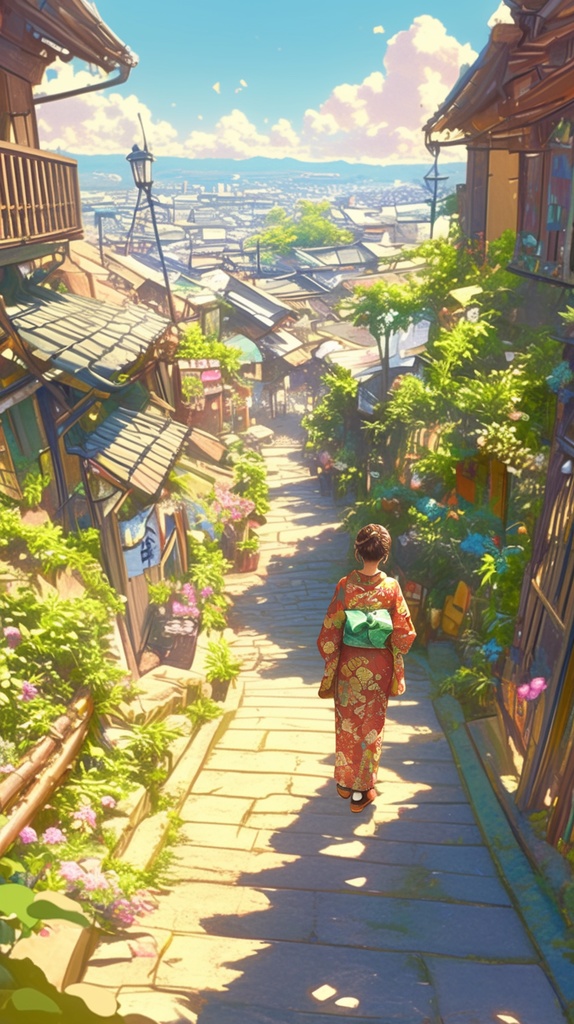 朱の着物、青の空 – Crimson Kimono, Azure Sky