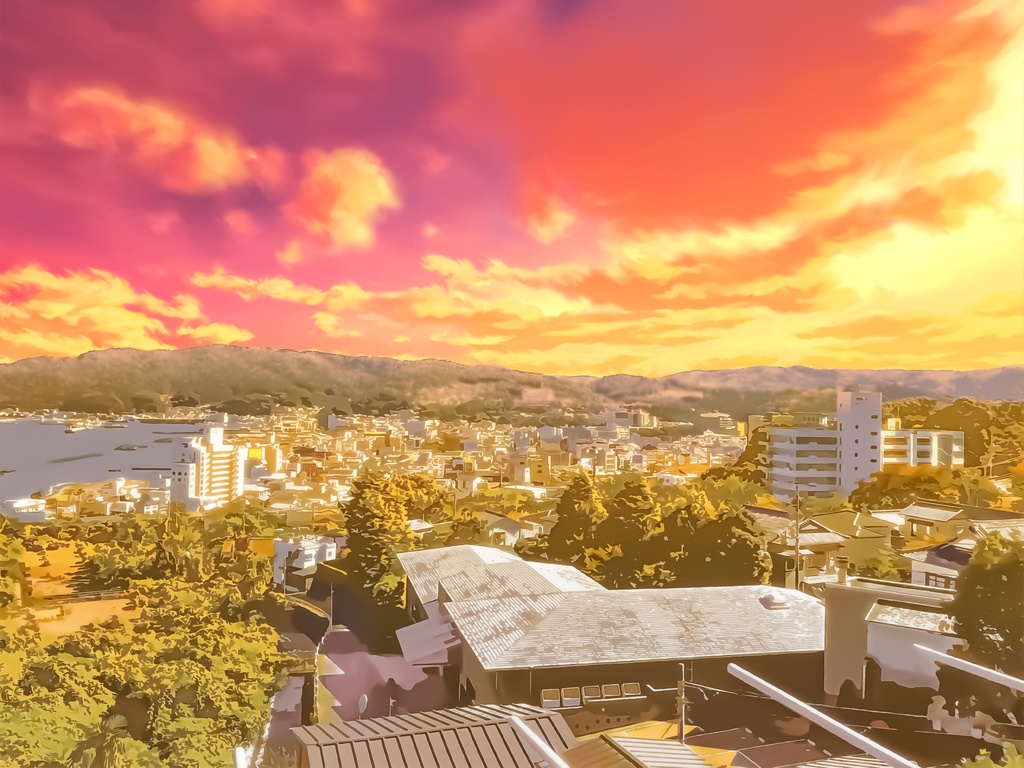 夕焼けの港町の眺め