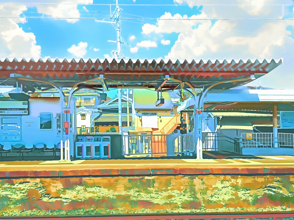 駅のホーム正面 【背景素材_夕方差分＋空くり抜きセット】