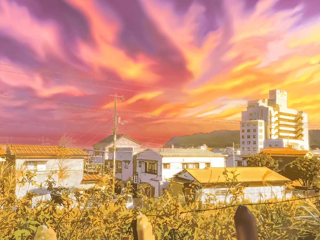 線路沿いの眺めと海街【背景素材_夕方差分+空くり抜きセット】