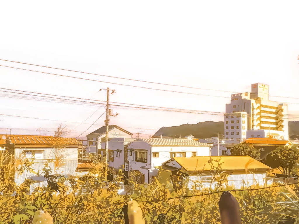 線路沿いの眺めと海街【背景素材_夕方差分+空くり抜きセット】