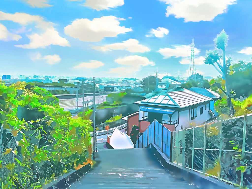 住宅へと続く階段【背景素材_夕方差分＋空くり抜きセット】