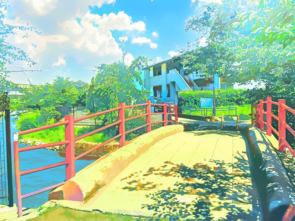ため池公園前と橋【背景素材_夕方差分＋空くり抜きセット】